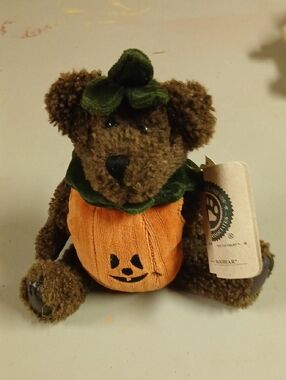 Boyds Bears Brown Bear in Orange Pumpkin Outfit with Green Leaf Accent